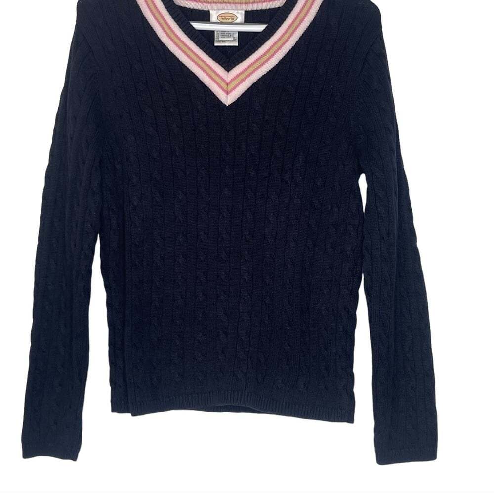 Talbots Navy Classic V Neck Cable Knit Long Sleeved Sweater 100% Cotton Sweater